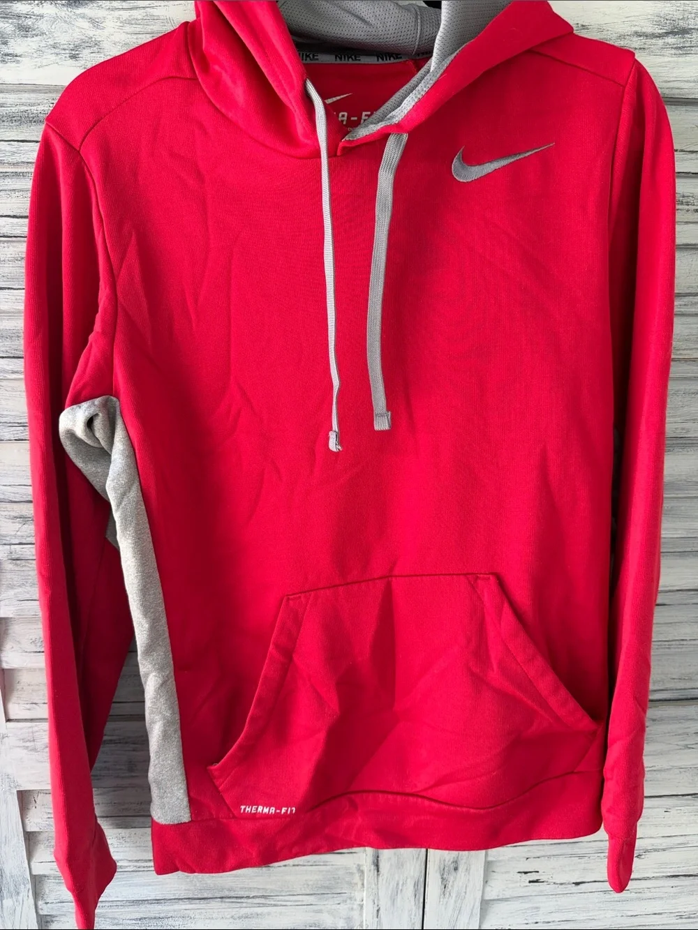 Nike Red Therma Fit Hoodie with Gray Accents and Silver Swoosh Size Small